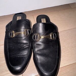 Steve Madden Black Leather Slip-On Loafers with Gold Accent